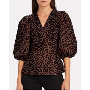 NWT - Ganni Size 38 Leopard Print Cotton Poplin Wrap V-Neck Puff Sleeve Blouse